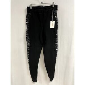 NEW GOOD AMERICAN Elastic Waist Fishnet Side Sweatpants Black001 Size 1( Small )